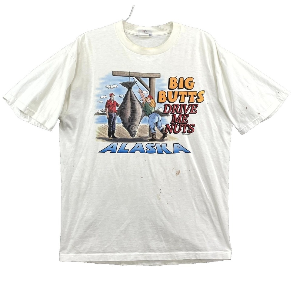Vintage Jerzees T Shirt Men Large Graphic Big Butts Drive Me Nuts Alaska Y2k 90s